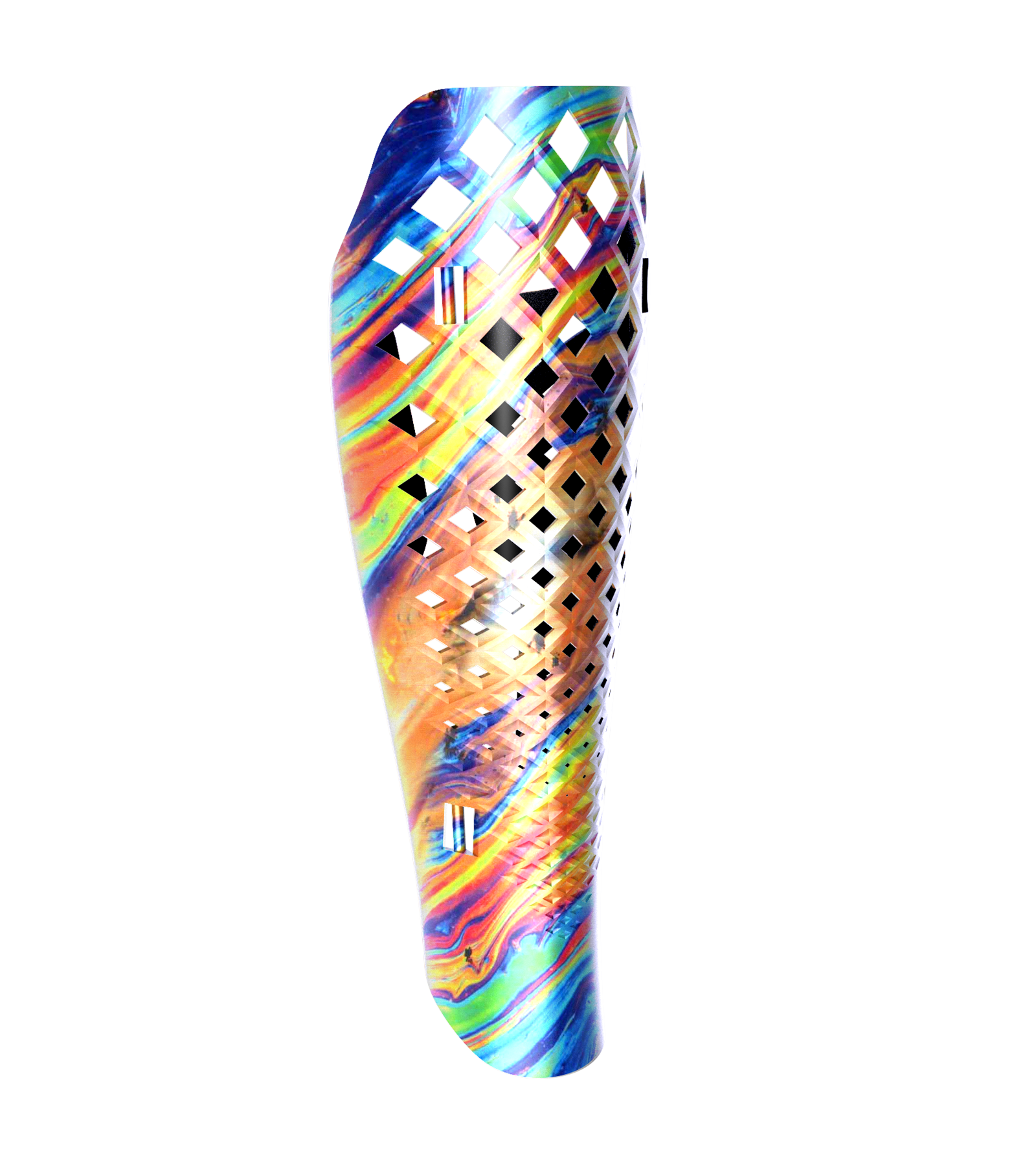 A prosthetic leg cover in rainbow colours with a diamond cut out design